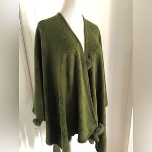 Vintage forest green wool blend poncho with rabbit fur bonbons